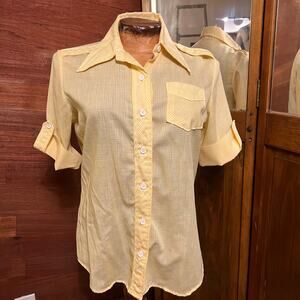 VINTAGE 70s Wrangler Yellow Gingham Dagger Collat Shirt Size S Western Mod